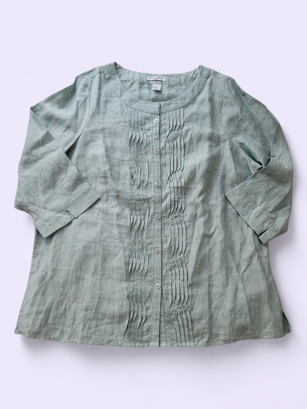 Alexandra Bartlett 2X 100% Linen Button Up Pintuck Tunic‎ Shirt Plus Blue Green